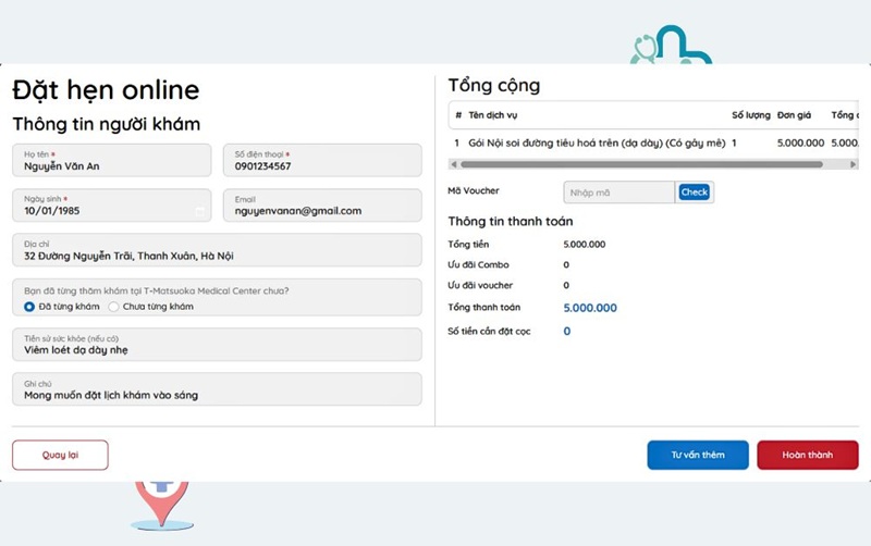 Khách hàng chủ động đặt lịch khám online trước khi chụp X-quang dạ dày tại trang chủ của T-Matsuoka Medical Center